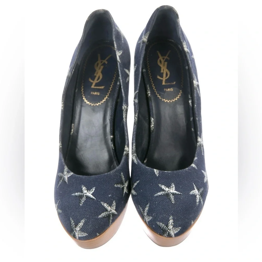 YSL YVES SAINT LAURENT Starfish Print Canvas Platform Wedge Size 9.5 US  EU 39.5